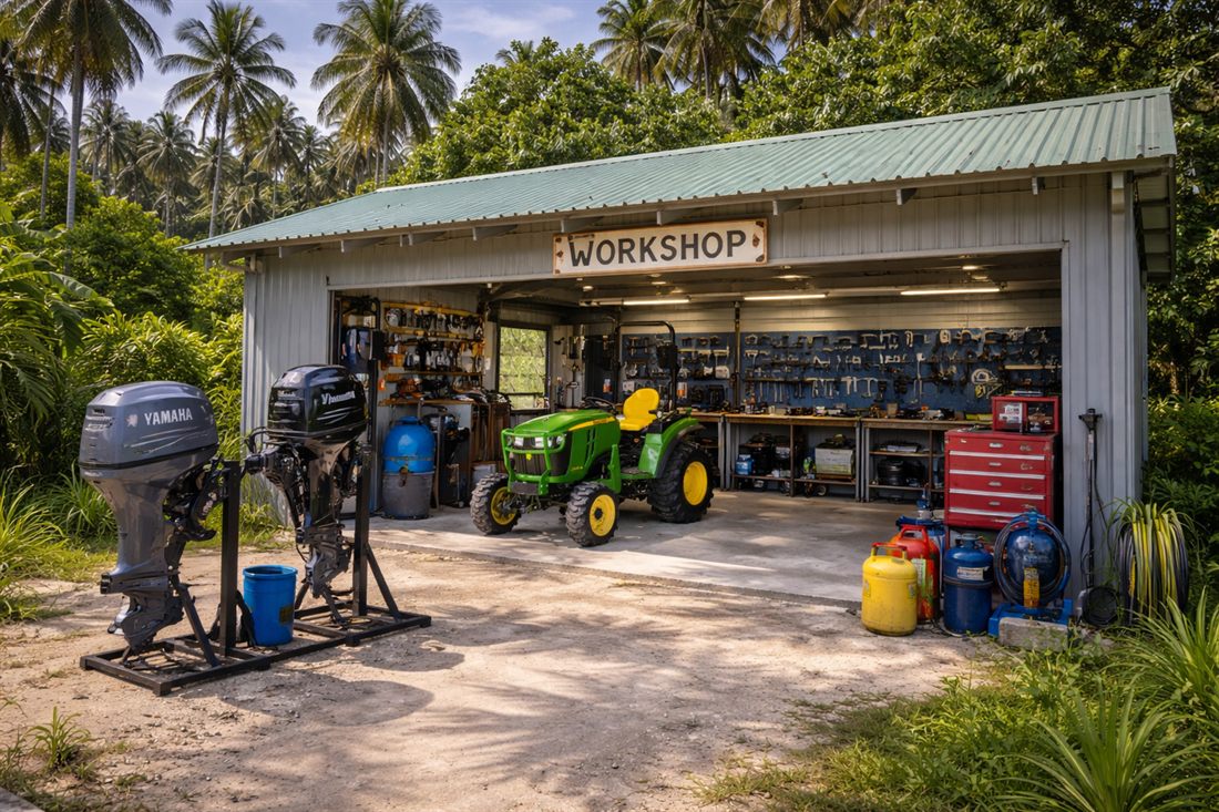 Remote lodge workshop with fleet, tools and maintenance equipment