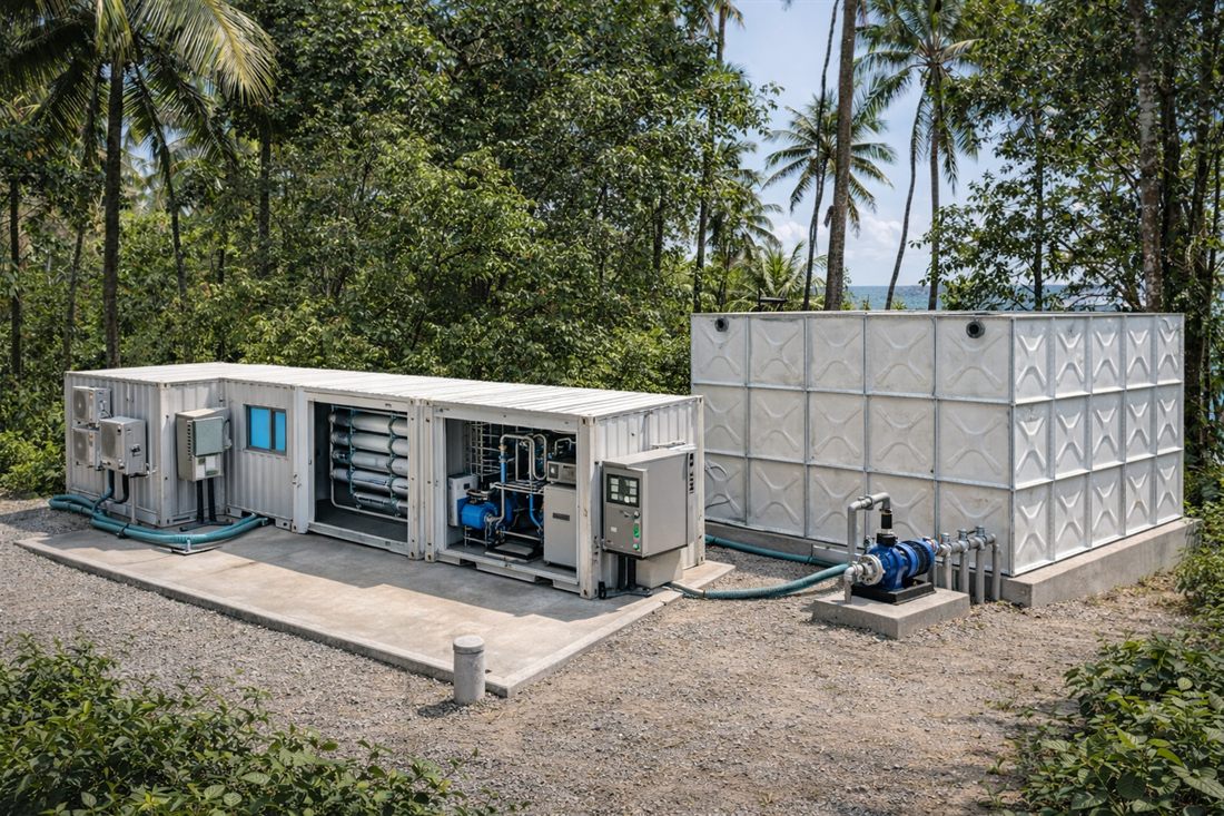 Containerised desalination and reverse-osmosis plant with water-storage tanks at a remote coastal lodge