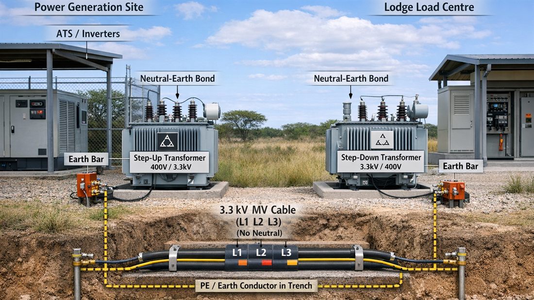 Medium-voltage power reticulation diagram from a generation site to a lodge load centre
